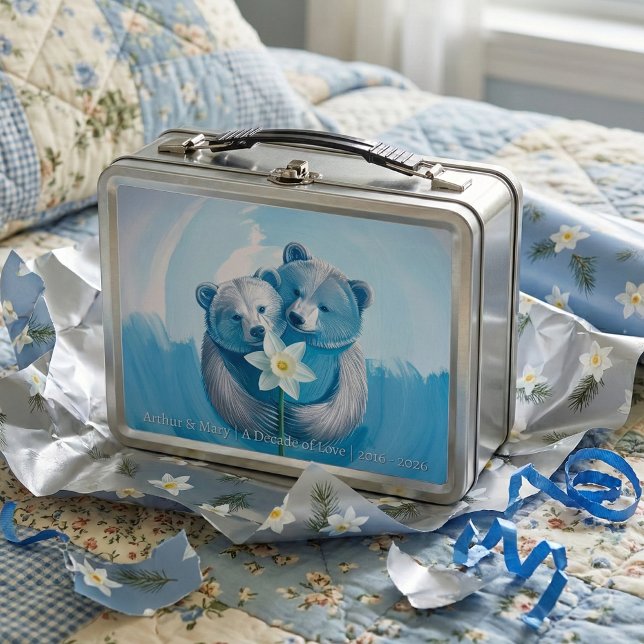 Lunch Box 10th Tin Anniversary Bear Couple | Keepsake Memory (A silver and blue 10th wedding anniversary tin gift. Featuring a bear couple holding a daffodil)