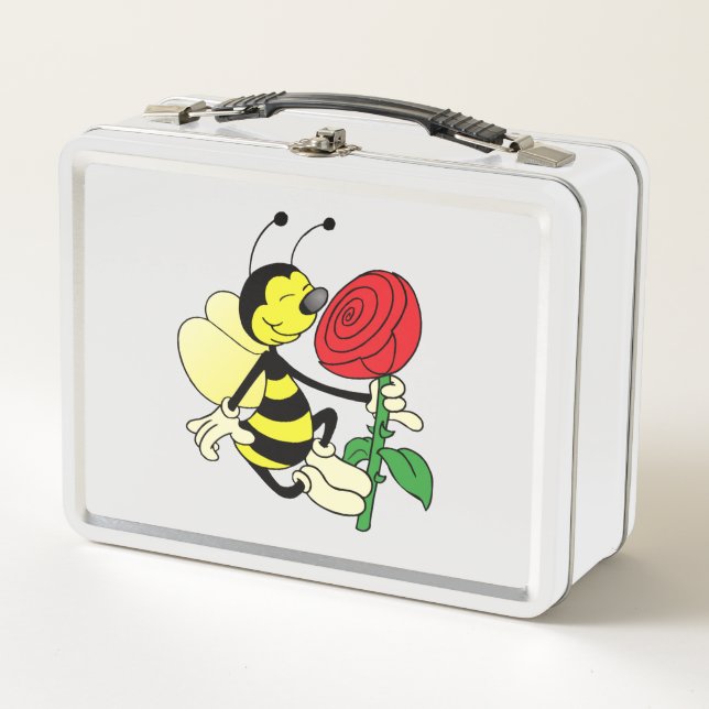 Lunch Box Abeille à kornets noire et jaune avec une rose rou (Devant)