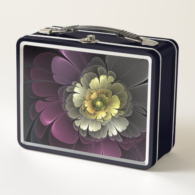 Lunch Box Abstrait Purpur moderne Khaki Gris Fleur fractale  (Devant)