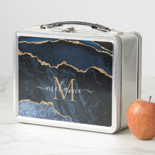 Lunch Box Agate Marine Blue Gold Gemstone Marble Nom du mono