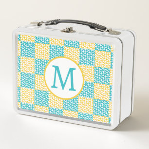 Lunch Box Amour à carreaux en turquoise, jaune et blanc