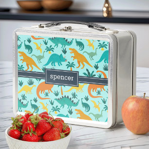 Lunch Box Aqua Nom d'enfant Motif de dinosaures colorés