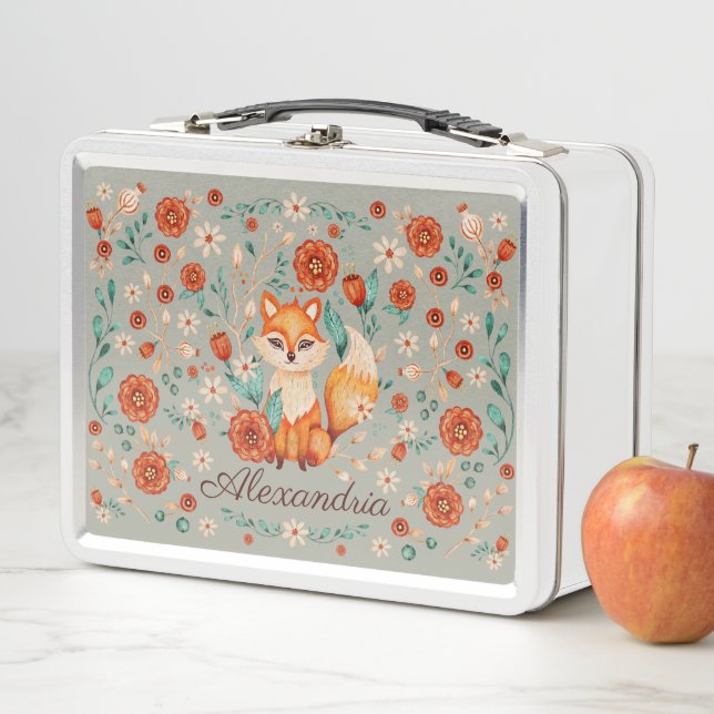 Lunch Box Aquarelle blanche ornée de renard boisé Nom (En situation)