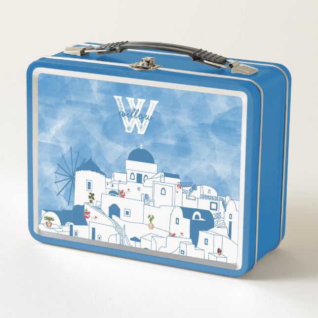 Lunch Box Aquarelle bleue et blanche Santorin Grèce Monogram (Devant)