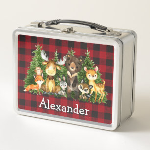Lunch Box Aquarelle Bois Forêt Animaux Rouge Plaid