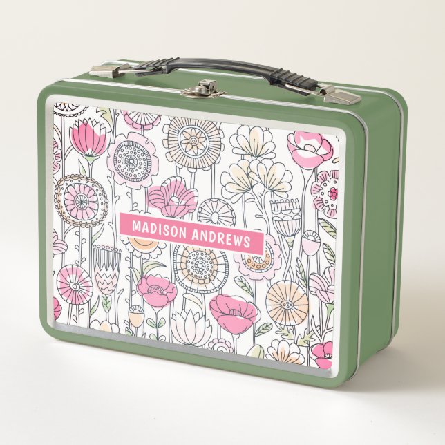 Lunch Box Aquarelle moderne Whimsical Floral Nom personnalis (Devant)