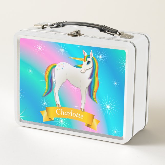 Lunch Box Arc-en-ciel coloré et licorne magique blanche (Devant)