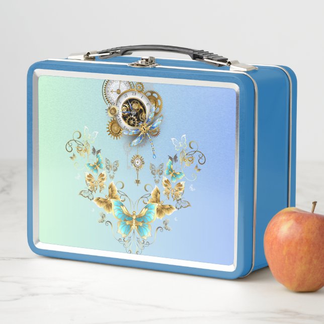 Lunch Box Art Steampunk turquoise, Graphisme mécanique Vinta (En situation)