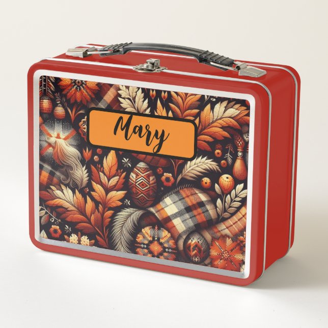 Lunch Box Automne Plaid Feuilles Orange Black Motif (Devant)