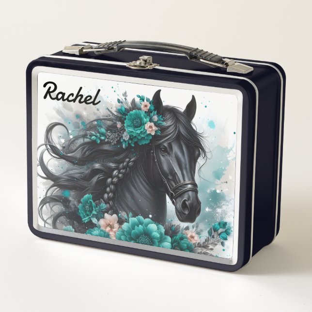Lunch Box Beau Cheval Noir avec Fleurs Turquoises (Devant)