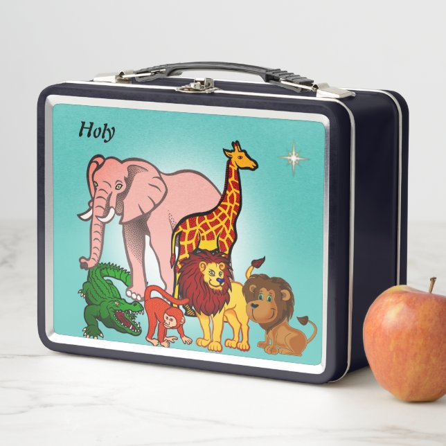 Lunch Box Beaux animaux de la jungle et étoile sur bleu turq (En situation)