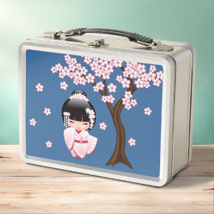 Lunch Box Blanc Kimono Kokeshi Doll Cute Geisha Girl Blue