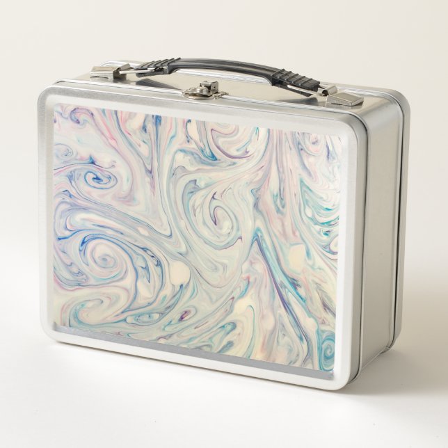 Lunch Box Bleu blanc rose moderne Fluid Marbling Art Abstrai (Devant)