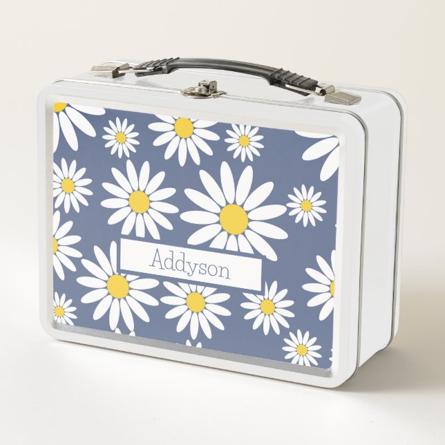 Lunch Box Bleu et Blanc marguerite avec nom (Devant)