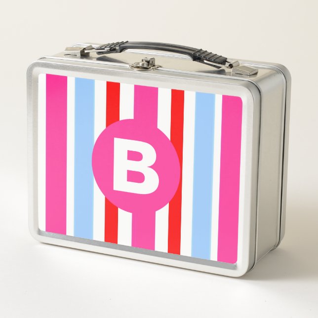 Lunch Box Bright Pink and Blue Candy Stripes Monogram (Devant)