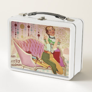 Lunch Box Cadeaux rétro d'enlèvement de dame de Noël