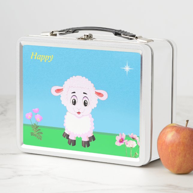 Lunch Box Caricature de mouton joyeux, fleurs & étoile (En situation)