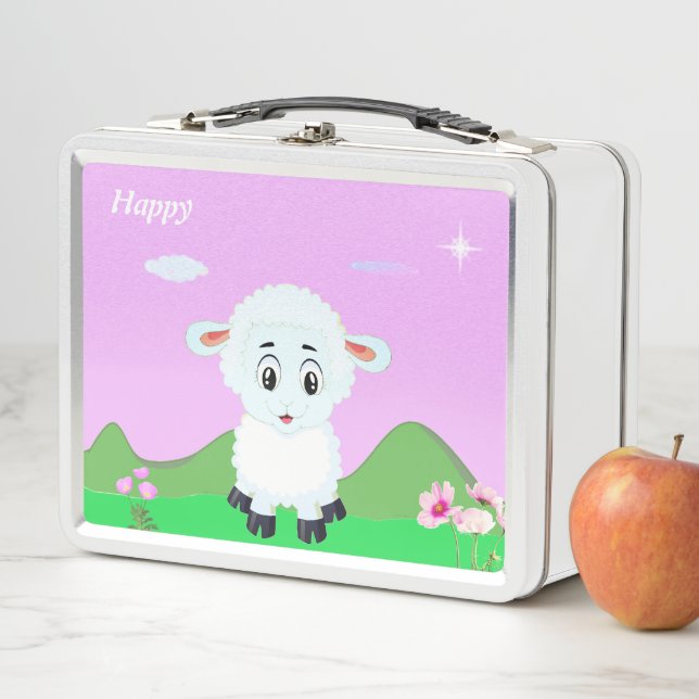 Lunch Box Caricature de mouton joyeux, fleurs & étoile (En situation)