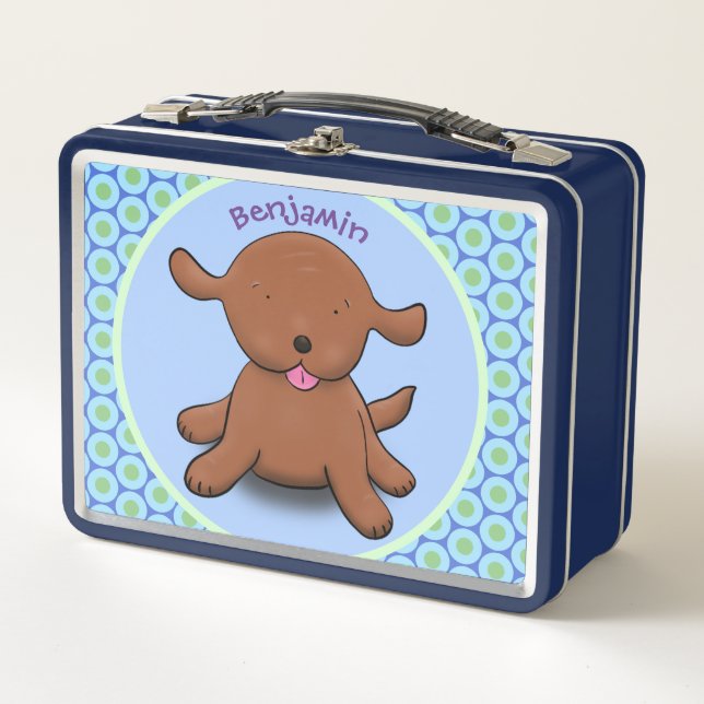 Lunch Box Caricature en bleu pour chien de chiot joyeux (Devant)