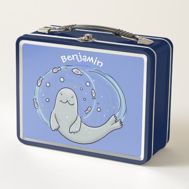 Lunch Box Caricature joyeux de phoque et de poisson bleu (Devant)