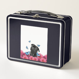 Lunch Box Carlin Noir Avec Papillons Bleus Et Gerberas