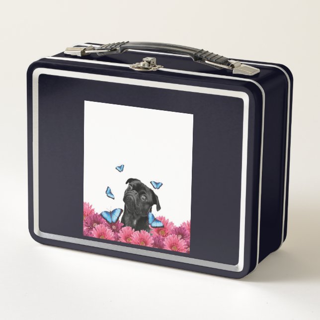 Lunch Box Carlin Noir Avec Papillons Bleus Et Gerberas (Devant)
