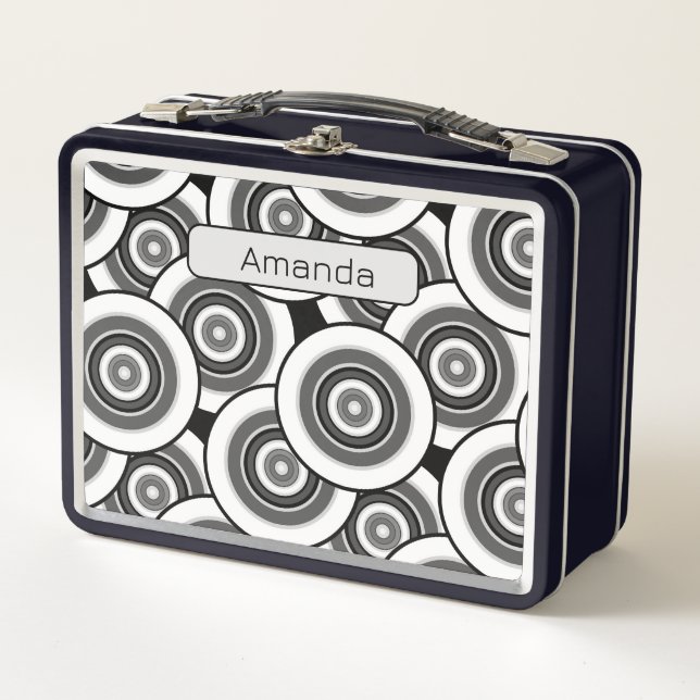 Lunch Box Cercles et anneaux quadrillage géométrique noir et (Devant)