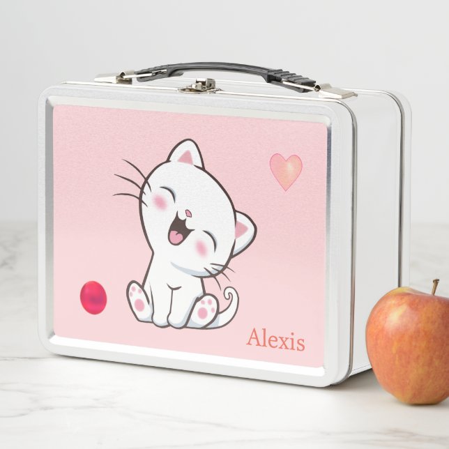 Lunch Box Chat blanc mignon et coeur sur rose clair (En situation)