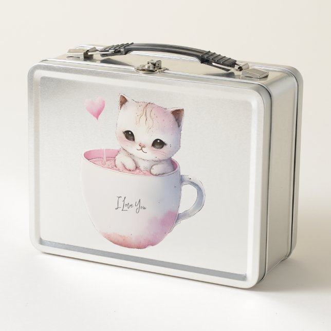 Lunch Box Chat blanc-rose mignonne dans une tasse de thé (4) (Devant)