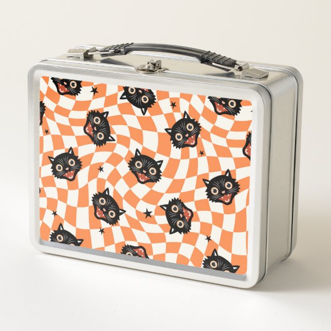 Lunch Box Chat noir rétro Motif chèque orange (Devant)