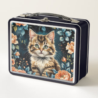Lunch Box Chaton de coussin décoratif et fleurs vintages