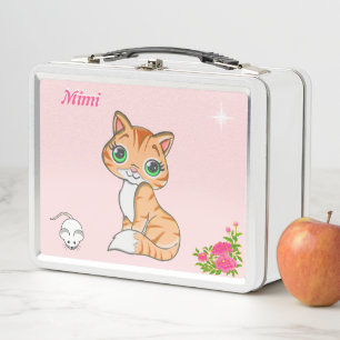 Lunch Box Chaton roux, fleurs, souris et étoile sur fond ros