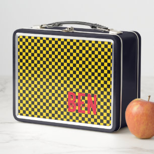 Lunch Box Checkerboard Black Gold School Kids NOM Fun