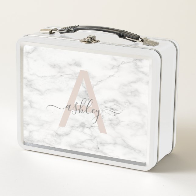 Lunch Box Chic Blush Pink White Marble Script Nom monogram (Devant)