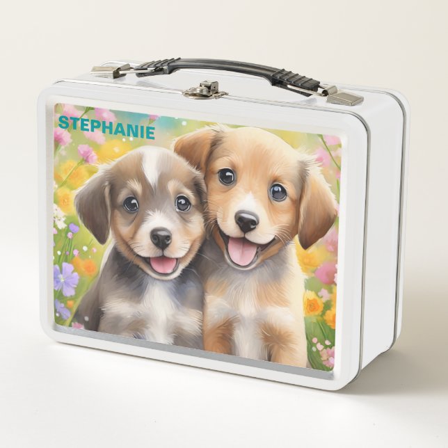 Lunch Box Chiens mignons dans une prairie Nom personnalisé (Devant)