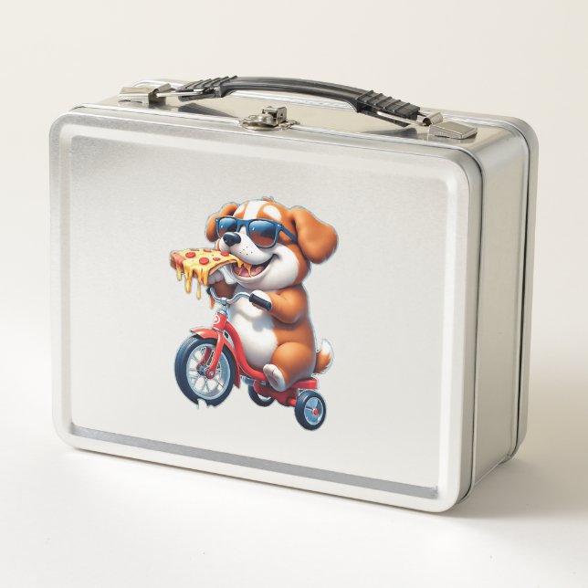 Lunch Box chiot à vélo mangeant de la pizza (Devant)