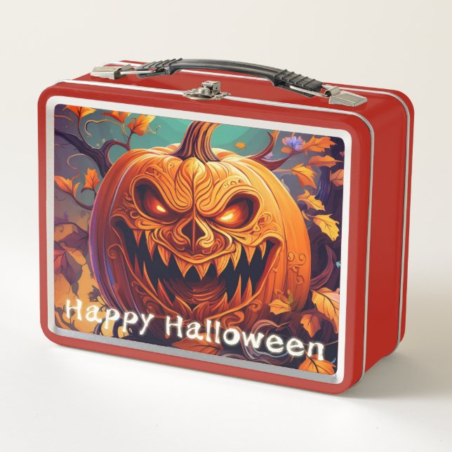 Lunch Box Citrouille orange effrayant avec visage, Halloween (Devant)