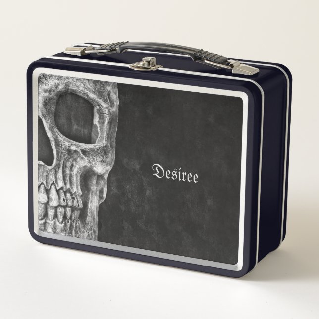 Lunch Box Cool Gothique Moitié Crâne noir et blanc Grunge (Devant)