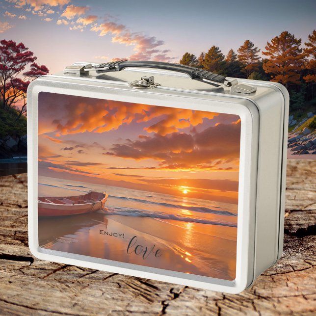 Lunch Box Coucher de soleil sur la plage (Lunch Box featuring a painting of a sunset on the beach with a rowing boat)