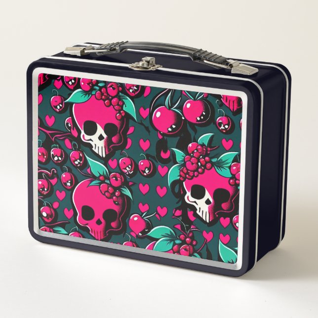 Lunch Box Crâne amusant & cerises Rose Black Green Art (Devant)