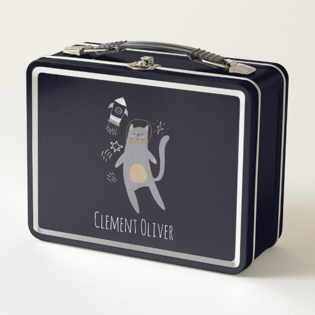 Lunch Box Cute Astronaut gris Chat Nom personnalisé (Devant)