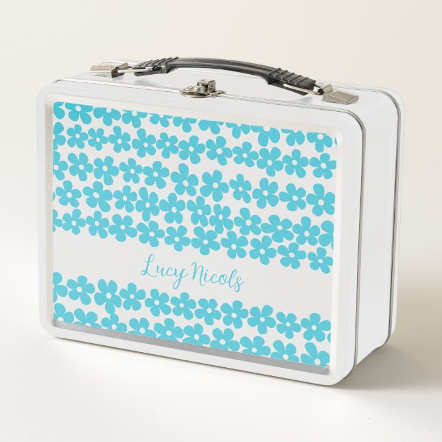 Lunch Box Cute Blue Minimalist Daisy Motif Floral Nom (Devant)