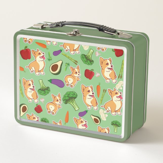 Lunch Box Cute Corgi et légumes Motif alimentaire Vert (Devant)