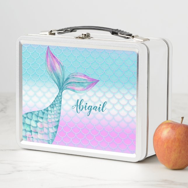 Lunch Box Cute Girl Purple Turquoise Mermaid Queue poissons  (En situation)