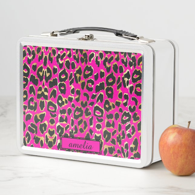 Lunch Box Cute Girly Hot Rose Black Gold Empreinte de léopar (En situation)