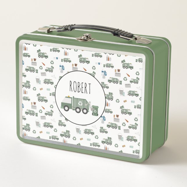 Lunch Box Cute Green Recycling Véhicules Camion Enfants Nom (Devant)