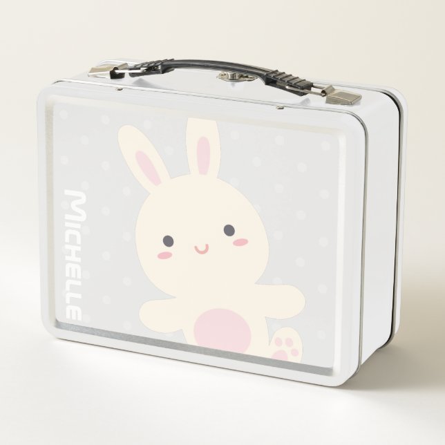 Lunch Box Cute Kawaii Bunny & Enfants Pois Nom personnalisé (Dos)