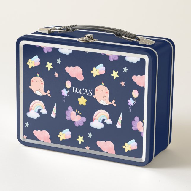 Lunch Box Cute Narwhal Fish Unicorn Rainbow Motif (Devant)