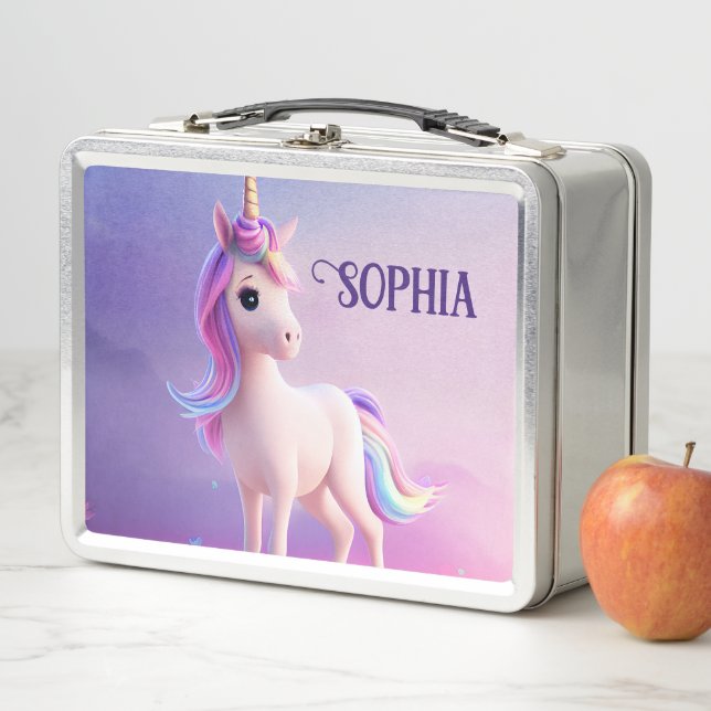 Lunch Box Cute Unicorne Blanche Avec Rose & Bleu Mane (En situation)