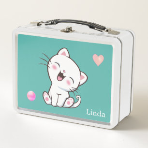 Lunch Box Cute White Chat & Coeur sur Turquoise